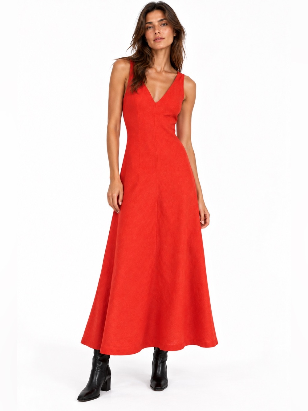 NWOT Haris Cotton 100% Linen Coral Red V-Neck Maxi Dress XS